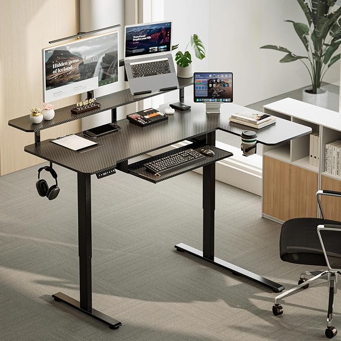 Acrolix 59 Inch L Shaped Standing Desk with Shelves and Keyboard, Electric Corner Standing Desk Adjustable Height, Sit Stand Computer Table with Reversiable Splice Board,Black Carbon