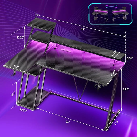 Korfile 40 Inch Gaming Desk with LED Lights & Power Outlet, L Shaped Computer Gaming Table with Storage Shelves, Reversible Corner Desk with Monitor Stand for Home Office, Carbon Fiber Black