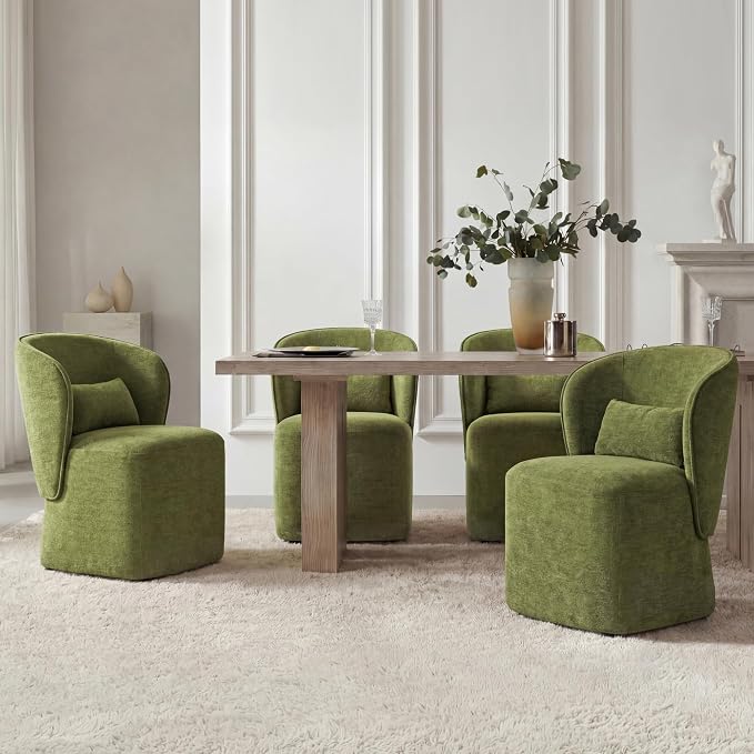 KISLOT Upholstered Dining Chairs with Wheels, Easy Assembly Stain Resistant Fabric Modern Barrel Armchair with Lumbar Cushion, Dining Room Chairs for Kitchen Living Room Bedroom, Green, Set of 1