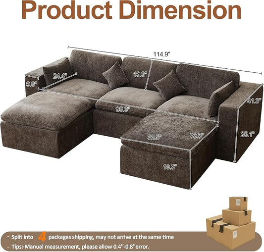 115'' Cloud Boneless Sectional Couch, Modular Sectional Sofa Deep Seat with 2 Ottomans, Oversized Upholstered Convertible Comfy 5 Seater Chenille Sofa U Shape Couches for Living Room, Brown