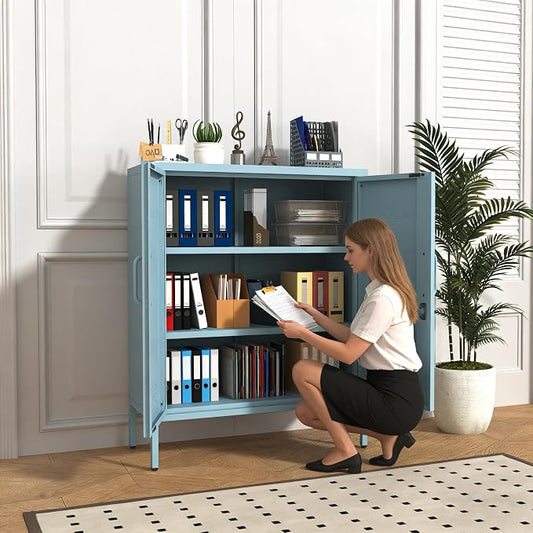 Multipurpose Accent Cabinet Locker, Metal Storage Cabinet with 2 Adjustable Shelves, Heavy Duty & Lockable Organizer Made of Thickened Steel, Easy Assembly for Home, Entryway, Blue