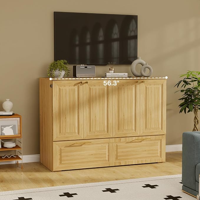 Full Murphy Bed Cabinet: Oak Cabinet Bed with Charging Station, Cube Murphy Beds with Drawers, Modern Hidden Beds for Small Spaces, Guest Room and Office