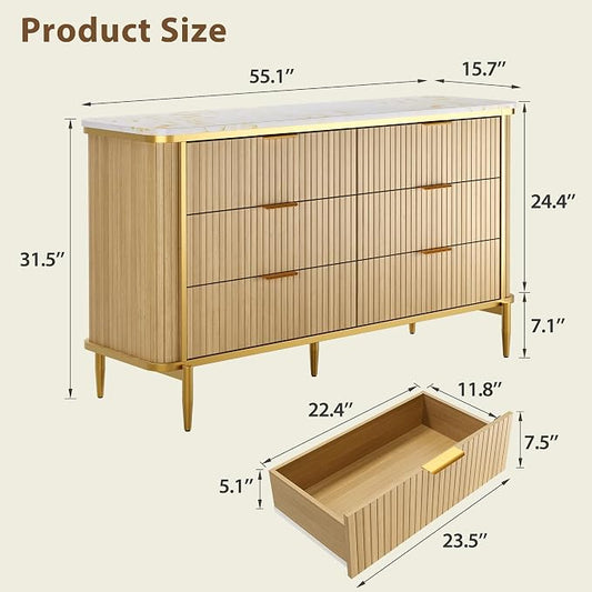 Fluted 6 Drawers Dresser for Bedroom, 55" Wide Modern Vertical Chest with Faux Marble Top, Dresser TV Stand, Wood Drawer Organizer for Living Room, Hallway