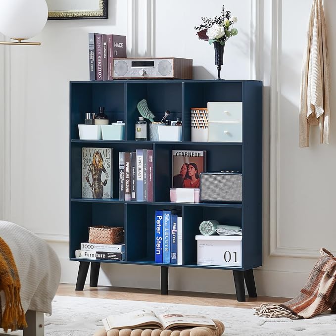 LEYAOYAO 8 Cube Bookshelf,3 Tier Bookcase with Legs,Dark Blue Mid-Century Modern Bookshelves,Large Open Storage Organizer Shelf, Wooden Book Case