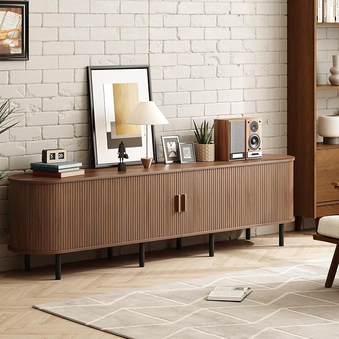 ONBRILL 86.6" TV Stand with Power Outlet for TVs up to 90 Inch, Entertainment Center with Storage and Adjustable Shelves, Modern Media Console with Sliding Doors for Living Room, Walnut