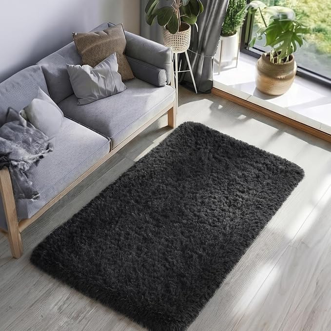 Ophanie Runner Rug for Hallway, 3x6 Washable Non-Slip Fluffy Soft Bedside Rugs, Bedroom Living Room Shaggy Carpet for Kids Girls Boys Dorm Nursery Decor Aesthetic, Black with Over 99 pcs Pile fibers