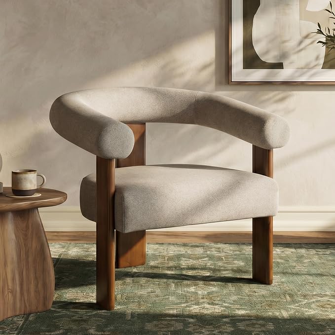 VKNOW Accent Chairs Set of 2, Living Room Chairs with Walnut Legs, Brown | Mohair-type Fabric, Barrel Back, Armrests, For Adults and Family, Living Room, Bedroom, Vanity, No Wobble, Easy Assembly