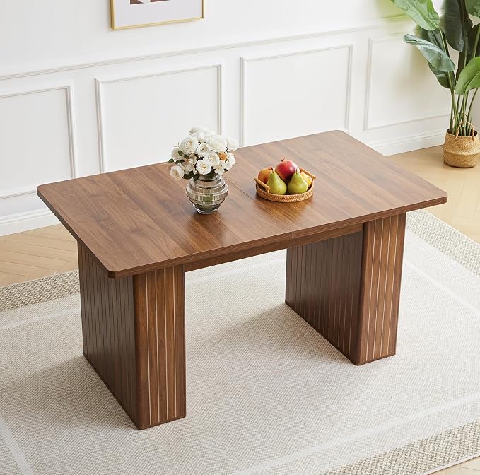 55 in–71 in Extendable Rectangular Dining Table for 4–6, Modern Farmhouse Expandable Kitchen Table with Carved Line Base, Wooden Dinner Table for Kitchen Living Room Home Office (Walnut)