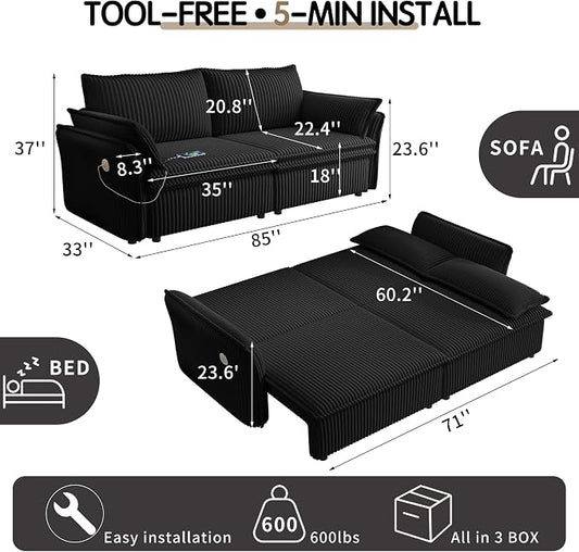 85" Pull Out Sofa Bed Full Size, Pre-Assembled Corduroy Sleeper Sofa, Convertible Loveseat Futon Couch with Storage Ottoman, USB, Pillows, for Apartment, Living Room, Small Spaces, Black