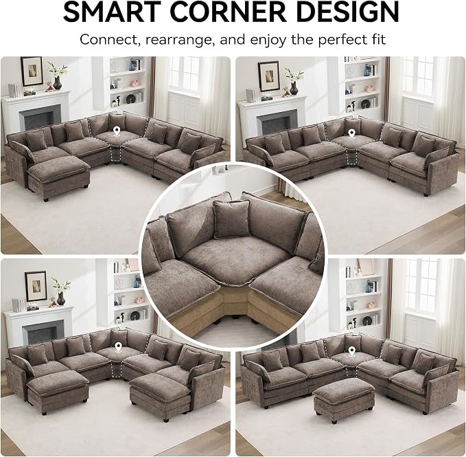 113'' V Shaped Cloud Sectional Sofa, Oversized Deep Seat Couches for Living Room, Chenille Comfy Upholstered Modular Sectional Sofa Couch,Brown
