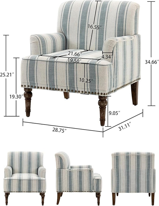 Accent Chair, Mid Century Modern Comfy Armchair for Living Room, Linen Fabric Single Sofa Lounge for Reading Bedroom Apartment Waiting Room with Wood Legs (Blue Stripe, Set of 2)