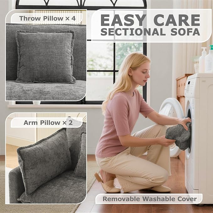 148” Modular Sectional Sofa, U Shaped Cloud Couch with Movable Ottoman, Comfy Chenille Deep Seat Sofa with Throw Pillows, 6 Seat Modern Couches for Living Room Bedroom Apartment, Grey