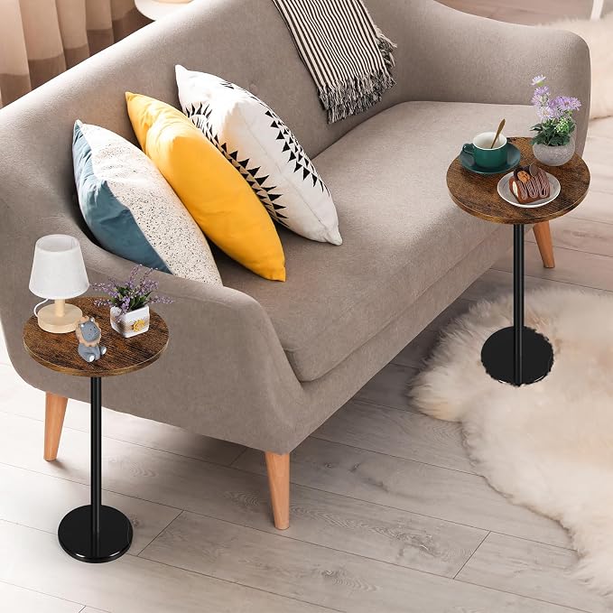 BTY Small Round Side Table Set of 2 Weighted Base End Table Cocktail Table Martini Table with Pedestal Accent for Small Spaces Bedroom Brown and Black