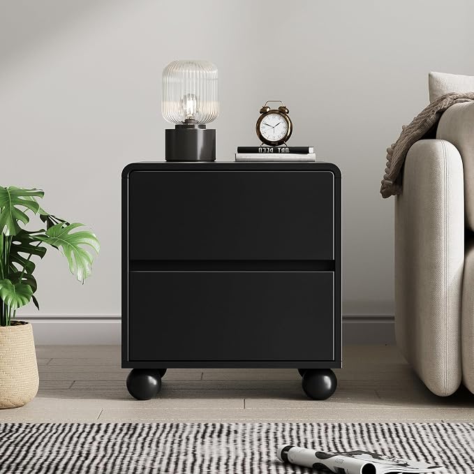 MAISONARIA Mid-Century 3-Piece Dresser Bedroom Set, 6 Drawer Dresser & 2 Drawer Nightstands with Curved Profile Design & Handle Free, Wood Chest of Drawers for Bedroom, Living Room, Hallway, Black