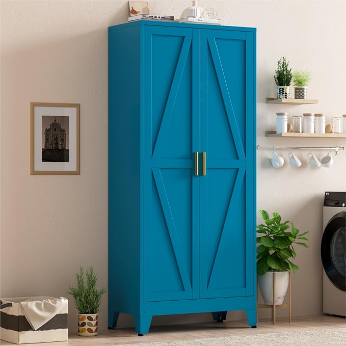 Metal Kitchen Pantry Cabinet,71" Tall Blue Pantry Cabinet with 2 Doors and 4 Adjustable Shelves, Farmhouse Storage Freestanding Cupboard for Kitchen,Home Office Living Room,Dining Room