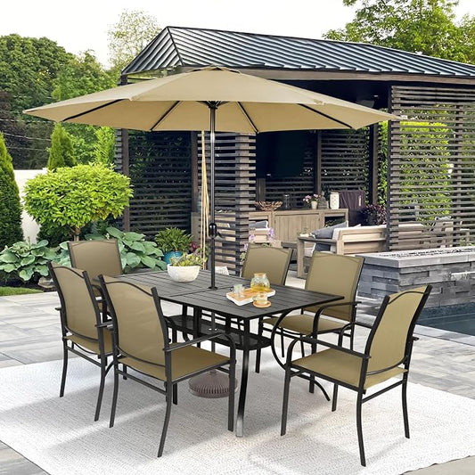 SUNCROWN 8 - Piece Outdoor Dining Set, Patio Furniture Set with 6 Textilene Dinning Chairs, 1 Rectangle Metal Table and 1 Brown 9Ft Patio Umbrella for Lawn Garden Backyard Deck, Brown