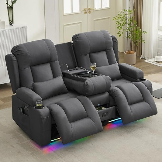 URRED Power Loveseat Recliner Sofa with Massage and Heat, Wall Hugger Reclining Loveseat with Console, RV Couch Home Theater Seating with LED Lights for Living Room (Grey, 67" - 2 Seats)