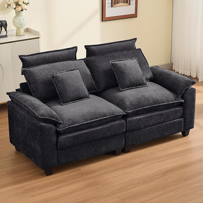 103'' Cloud Modern 3 Seater Couch with Detachable Headrest, Modular Sectional Sofa with Ottoman, Oversized L Shape Chenille Comfy Sofa with Armrests for Living Room, Dark Grey