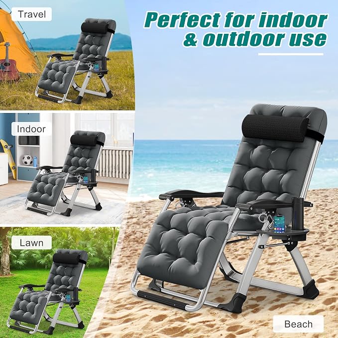 DoCred Zero Gravity Chair, Lawn Recliner, Reclining Patio Lounger Chair, Folding Portable Chaise with Detachable Soft Cushion, Cup Holder, Headrest