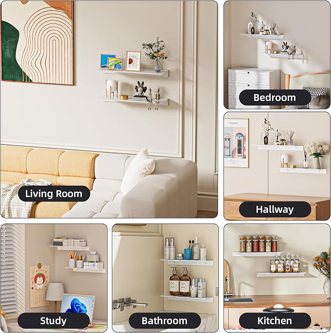 HNVNER 2-Piece Glossy White Metal Floating Shelves - Aluminum Alloy Wall Mounted Shelf No Drilling, Rust-Proof, 15.7" Width for Home Decor & Storage in Living Room, Bedroom, Bathroom