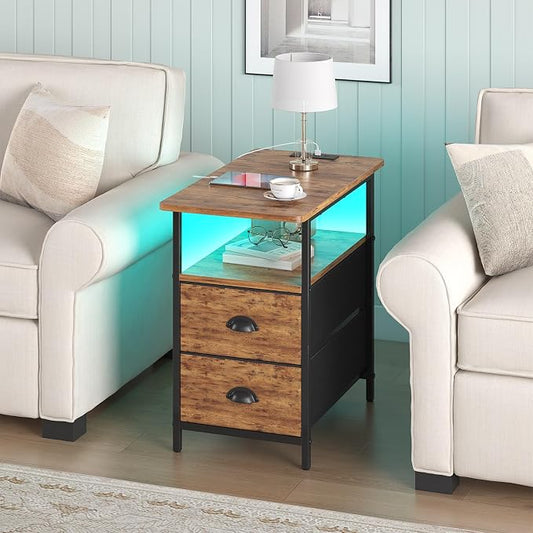 sthmec End Table with Charging Station, Narrow Side Table with 2 Drawers, LED Nightstands with Drawers, USB Ports&Power Oulets,Slim Sofa Side Tables for Small Spaces,Living Room,Bedroom,Rustic Brown