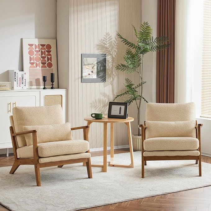 Karl home Mid-Century Lounge Accent Chair, Khaki | Wide Curved Armrest, Teddy Fleece, Lumbar Pillow Included, Solid Wood Frame, For Living Room, Bedroom, Balcony, Apartment