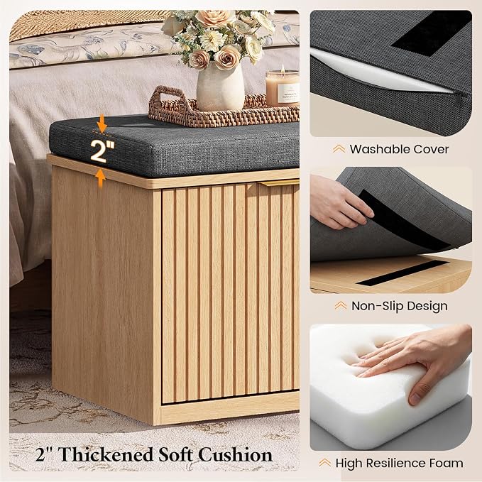59" Storage Bench with Cushion and Flip Drawer, 2-Tier Entryway Bench with Storage, Shoe Bench with Cabinet, 2 Storage Drawer, Adjustable Shelf, for Entryway, Bedroom, Living Room, Natural