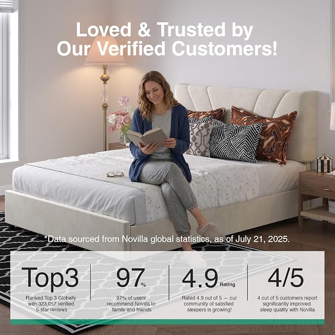 Novilla Queen Size Bed Frame, Queen Bed Frame with Headboard, Queen Bed Frame with Drawers, LED Bed Frame Queen Size, Charging Station and Adjustable Headboard, No Box Spring Needed, White Velvet