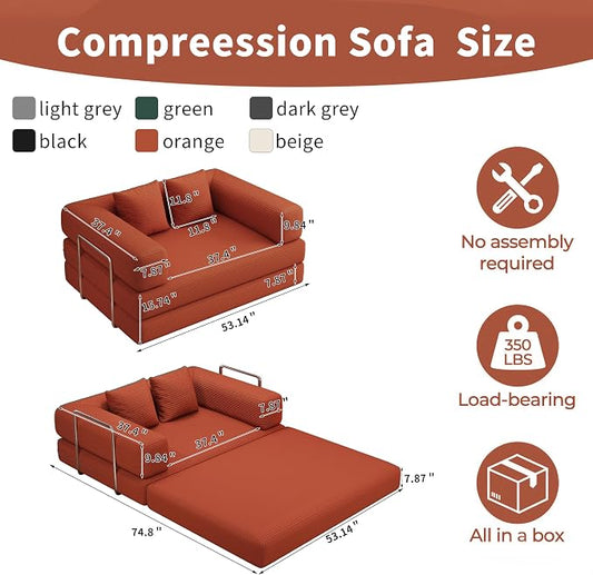 Convertible Futon Sofa Bed, 2 Seater Corduroy Floor Queen Size Bed Foldable Sleeper Lounge Boneless Loveseat Couch with 2 Throw Pillows for Living Room Bedroom Guest Room(Orange, 53.15"Double Sofa)