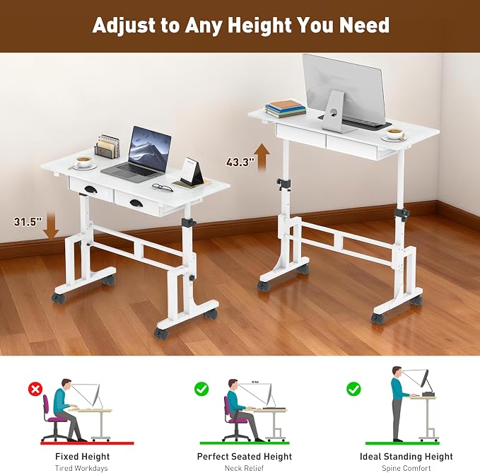 Height Adjustable Standing Desk with 2 Drawers, Small Sit Stand Up Desk with Wheels, Portable Rolling Desk for Walking Pad Treadmill, Computer Office, Adjustable 31.5"-43.3", White, Upgraded Stable
