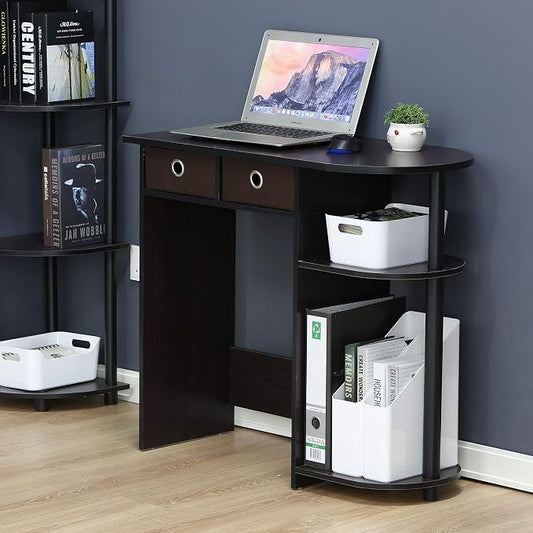 Furinno Go Green Desk, 31.5" Wide Gaming Desk with 2 Side Shelves and Storage Bins, Computer Desk, Office Desk for Home Office, Study Room, Dorm, Bedroom, Dark Walnut