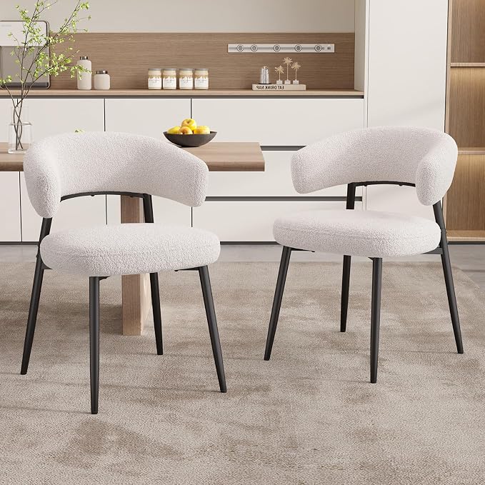 Dining Chairs Set of 4, Boucle Upholstered Dining Room Chair with Curved Backrest & Metal Legs, Mid Century Modern Round Kitchen Chairs, White