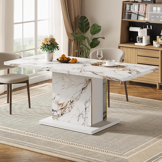 HOMISSUE 70" Faux Marble Dinner Table,Rectangle Modern White Dining Table for 6-8 People,Large Kitchen Furniture Table with Sturdy Base for Dining Room, Living Room, White
