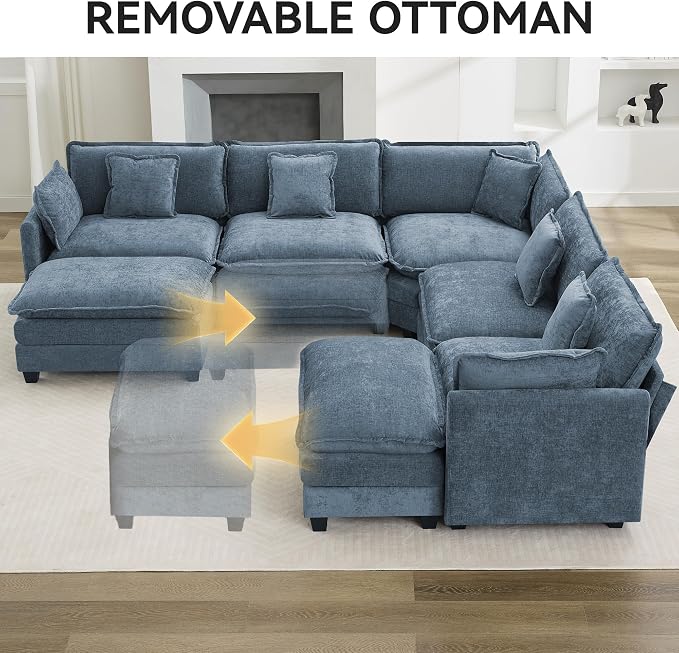 113'' V Shaped Cloud Sectional Sofa, Oversized Deep Seat Couches for Living Room, Chenille Comfy Upholstered Modular Sectional Sofa Couch with 2 Movable Ottoman, Blue