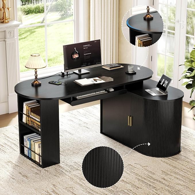 HSH Black L Shaped Office Desk with Storage Cabinet for Home Oak 60 Inch | Executive Woood Fluted Computer Desk with Keyboard Tray and Open Shelves Modern Reversible Mcm Large Swivel Table