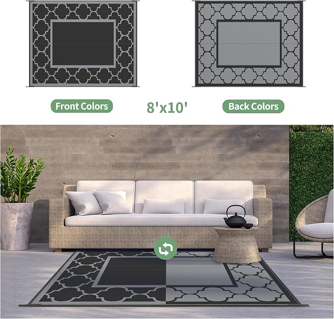 GENIMO 8' x 10' Outdoor Rug Patio Waterproof, Reversible Plastic Straw Area Rugs Mat for Camper Decor, Outside Carpet for Camping, Rv, Deck, Porch, Picnic, Beach, Balcony, Black & Grey