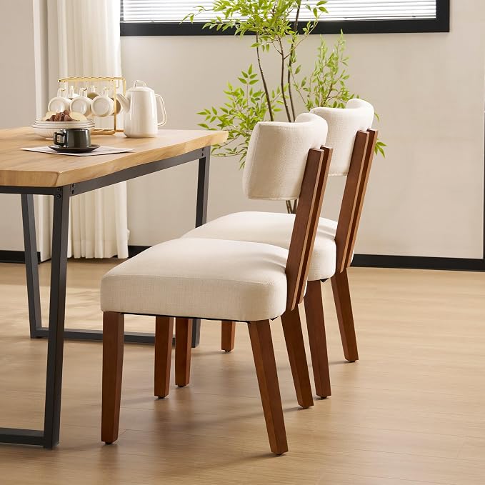 MOJAY Mid Century Modern Dining Chairs Set of 6, Farmhouse Linen Fabric Kitchen Chair Side Chairs with Curved Backrest for Kitchen, Dining Room, Restaurant, or Patio, Off-White