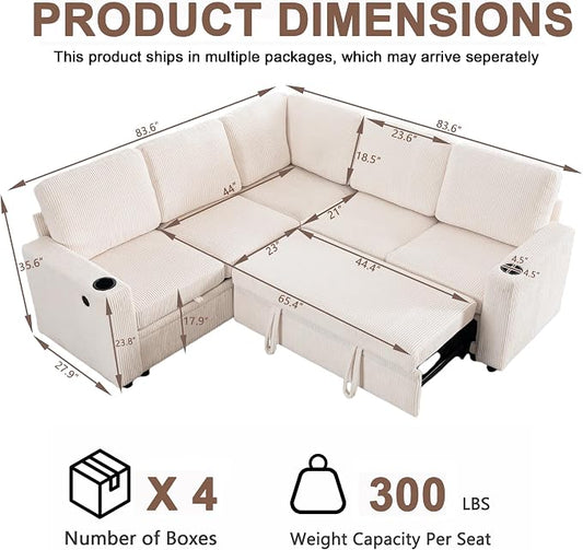 ROCANT 84 inch Modular Sectional Couch with Pull Out Bed, 5-Seat L-Shaped Corduroy Sleeper Sofa with Reversible Chaise, Built-in Storage, USB Port and Cup Holders