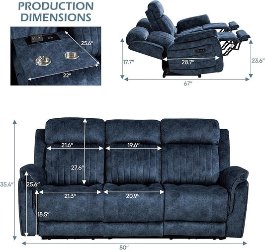 Zero Gravity Power Reclining Sofa with Adjustable Headrest, Electric Reclining Couch with Wireless Charge, USB Ports, Power Loveseat Recliner Sofa for Living Room (Blue-Sofa)