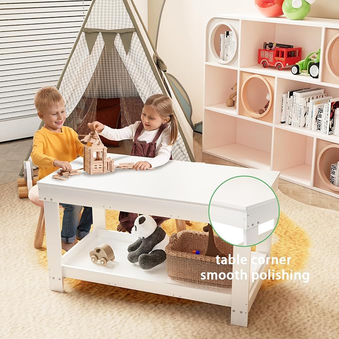 Kids Activity Table with Storage, 2 in 1 Solid Wood Building Blocks Table with Board for Boys Girls Gifts, Play Bricks, Train, Reading, Arts Draw