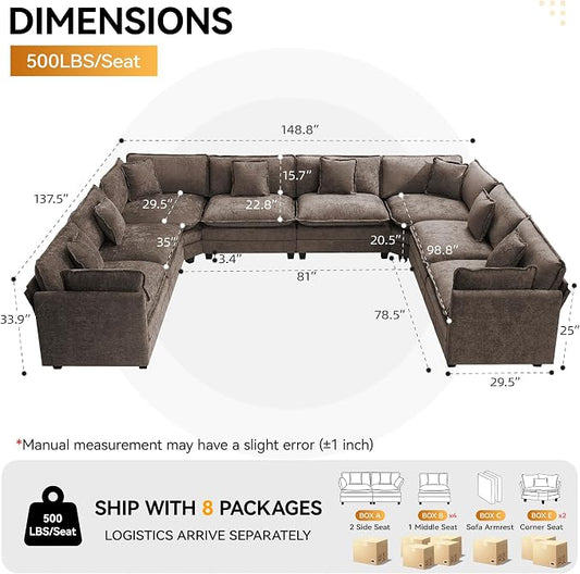 147'' Oversized U Shaped Cloud Sectional Sofa, Chenille Deep Seat Couches for Living Room, Comfy Upholstered Modular Sectional Sofa Couch, Brown