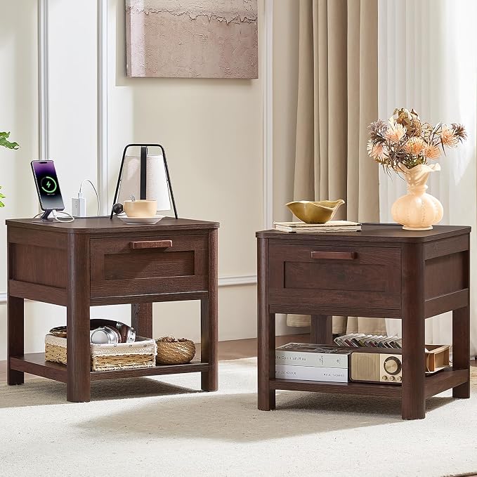 Joaxswe Farmhouse Night Stand with Charging Station, Wood Bed Side Table with Drawer & Open Storage Shelf for Bedroom, Walnut