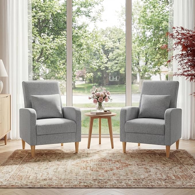 COLAMY Mid-Century Modern Upholstered Accent Chair with Back Pillow & Solid Wood Legs, Fabric Cozy Armchair for Living Room, Bedroom, Reading Nook, Apartment & Small Spaces, Lightgrey