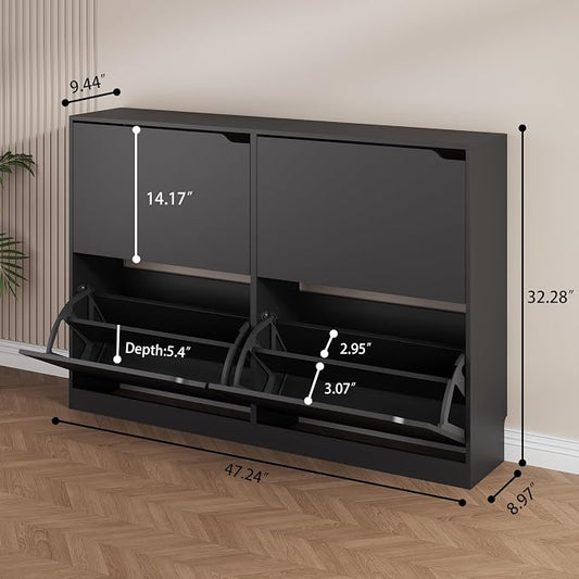 Shoe Storage Cabinet, Wood Shoe Organizer for Entryway with 3 Flip Drawers, Freestanding Shoe Rack with Adjustable Shelf, Narrow Shoe Dresser for Front Door Entrance (Black, 4 Drawers)