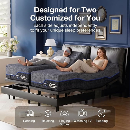 Marsail NS1 Massage Adjustable Base with Mattress Set, Split King Adjustable Bed Frame + 14-inch Cooling Gel Memory Foam Mattress, Dual Motor Bed Frame with Wireless Remote, CertiPUR-US Certified