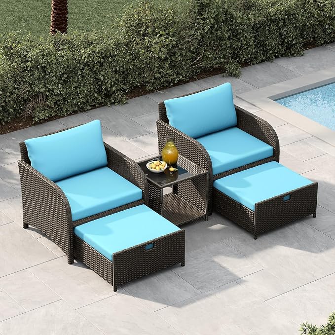 Garvee Patio Furniture Set, 5-Piece PE Rattan Wicker Outdoor Seating Set with Ottomans and Glass Tabletop, All-Weather Conversation Furniture for Garden Balcony