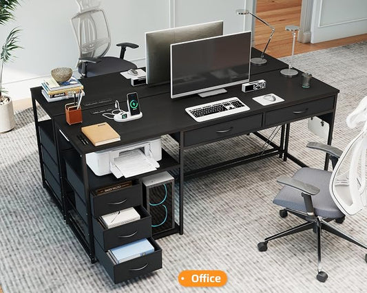 YOSHOOT 60" Computer Desk with 5 Fabric Drawers, Gaming Desk Table | Desk with Storage and Power Outlets, for Adults and Teenagers Working Writing Study, Black