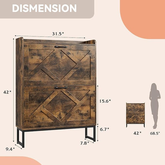 Nicetree Shoe Cabinet Organizer with 2 Flip Drawers, Freestanding Narrow Rack with Metal Legs, Farmhouse Slim Shoe Storage for Entryway, Foyer, Hallway, Rustic Brown