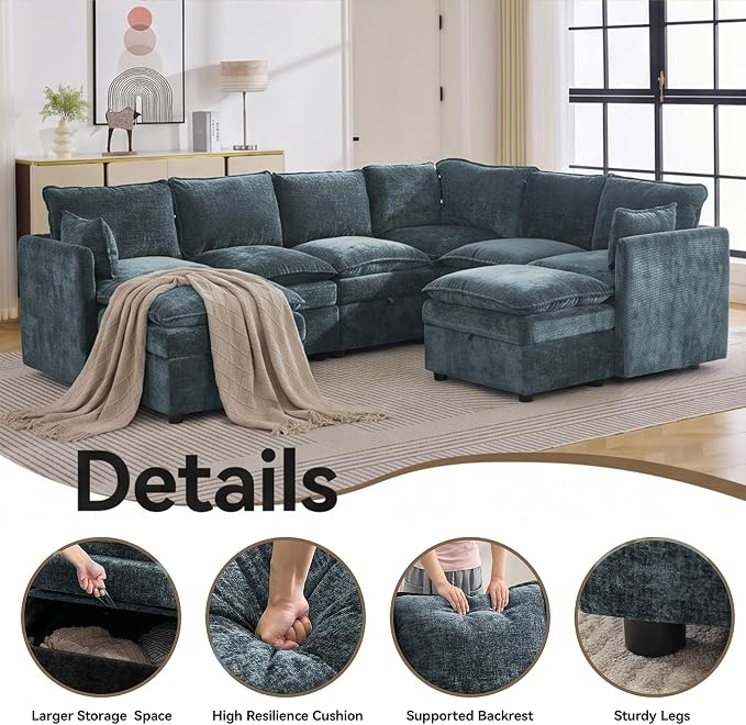 105" Blue Modular Storage Sofa, U Shaped Chenille Couch with 2 Ottomans | Oversized Convertible Sectional Sofa, 6-Seat Sectional Couch With 2 Ottomans, Large Cloud Couch For Living Room, Apartment.
