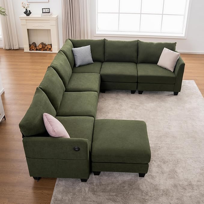 122.8" Large Sectional Couches for Living Room, 6 Seater L Shaped Modular Sectional Sofa with Storage Ottoman & USB, Oversized Corner Couch for Living Room(Green)